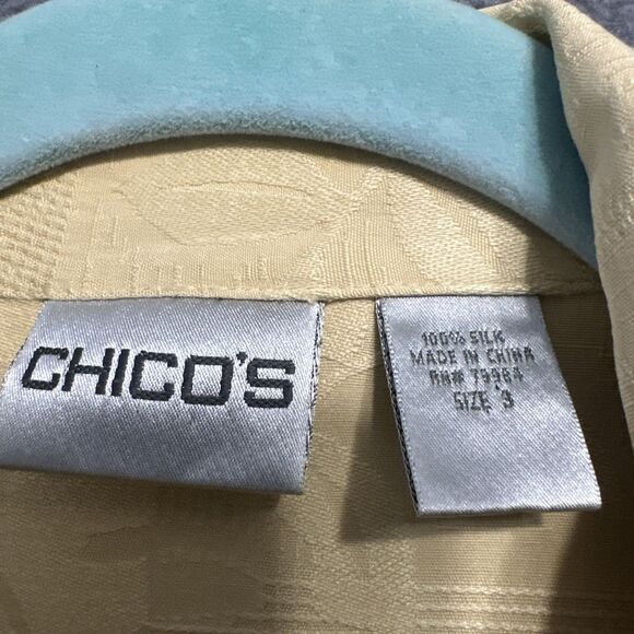 VTG Chicos 100% Silk Jacquard Button Up Top Size 3 (XL) Yellow Boxy Old Money - Picture 3 of 8